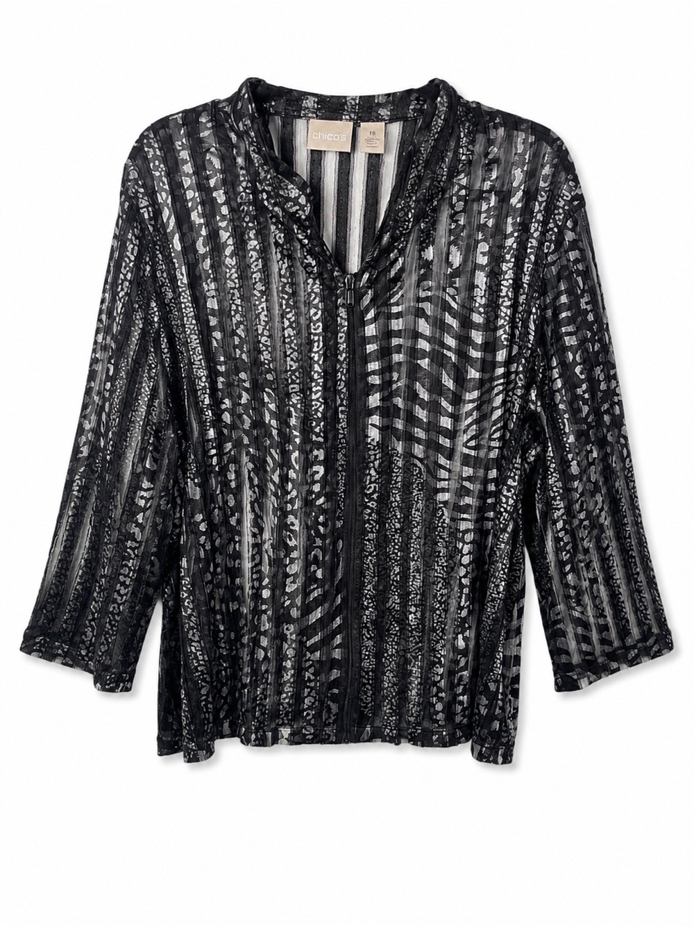 Chico’s Sheer Animal Stripe Zip Front Jacket 3/4 Sleeve Mesh Layering Top 16